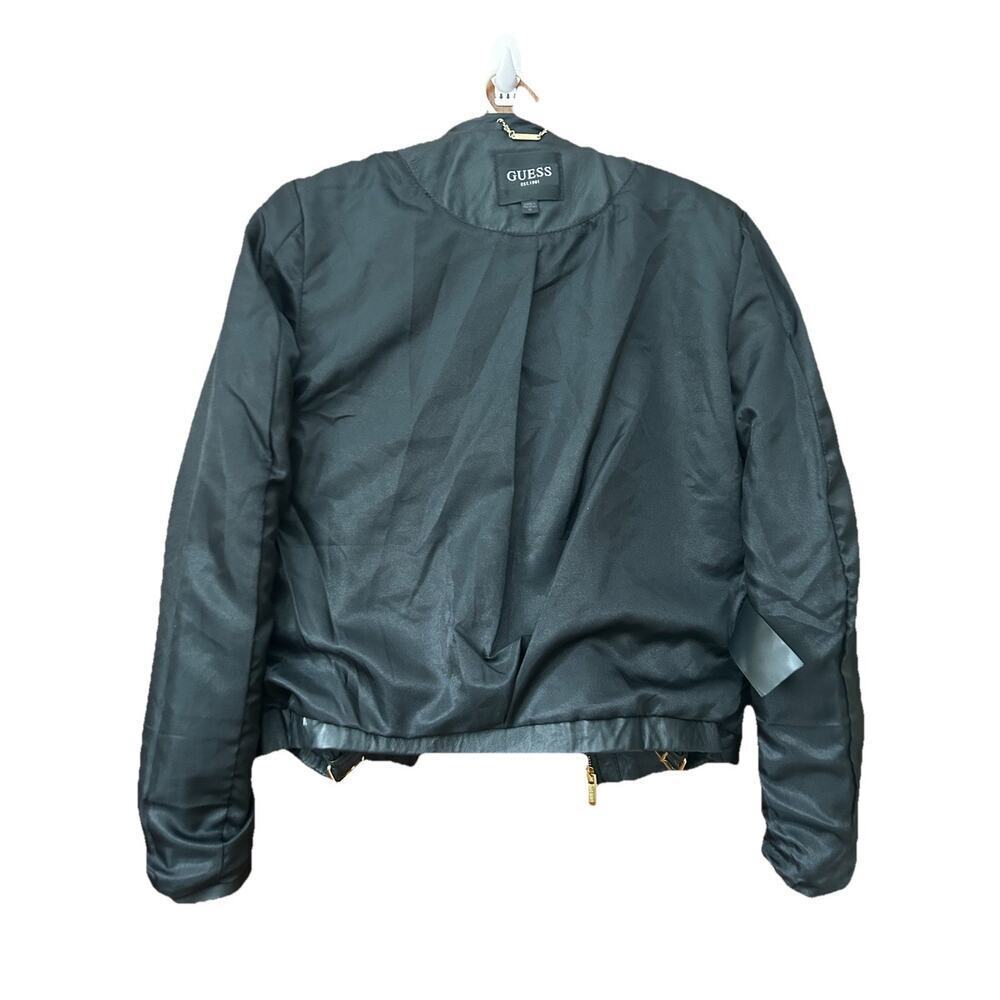 Guess Women’s Black Leather Moto Quilted Shoulder Gold Zips Biker Jacket Size M - Picture 14 of 16